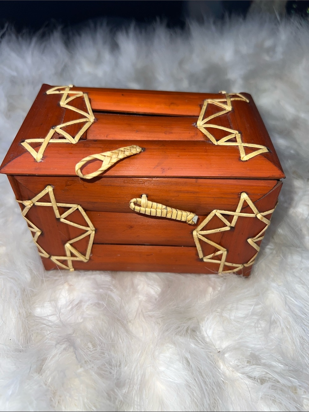 Vintage Tea Boho Handcrafted Wooden Trinket Box with Woven Accents Burnt Orange